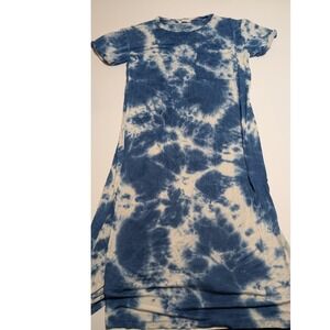 Win Win Blue Tie Dye T-Shirt Dress Womens Small Short Sleeve Pocket Midi WW11208